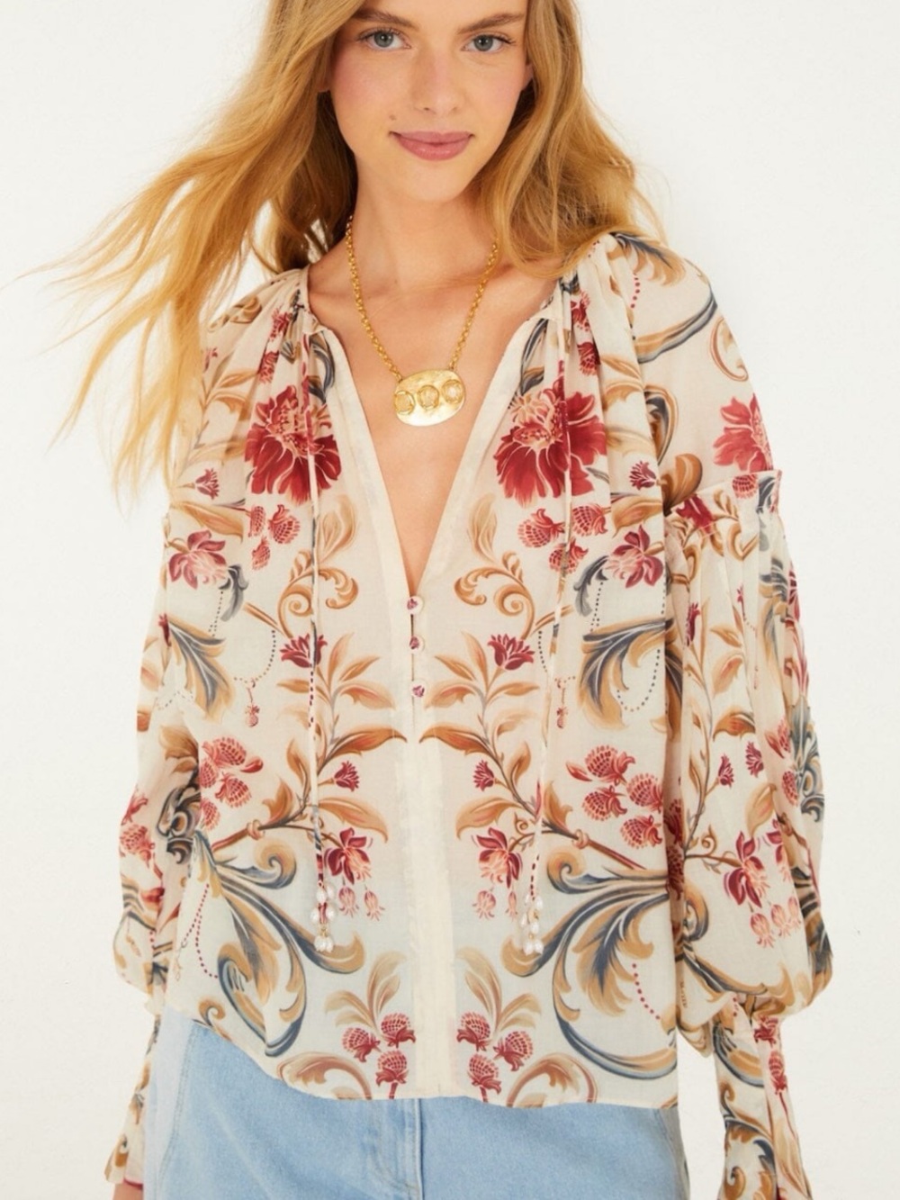 NWT 🌺 Farm Rio Royal Garden Print Cotton Peasant Top
